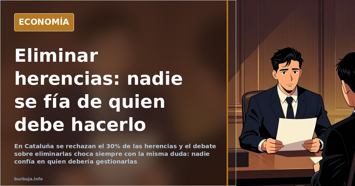 Ilustración editorial en azul marino y dorado con un testamento y una casa sobre una balanza, símbolo del debate sobre elimin