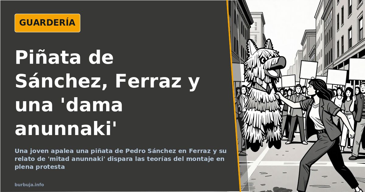 Joven golpeando un muñeco con la cara de Pedro Sánchez ante la sede socialista de Ferraz durante una protesta