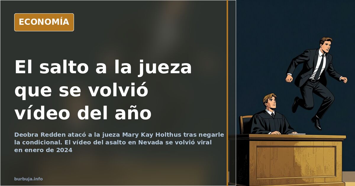 Sala de un tribunal estadounidense con una bandera cayendo tras el salto de un acusado hacia el estrado de la jueza