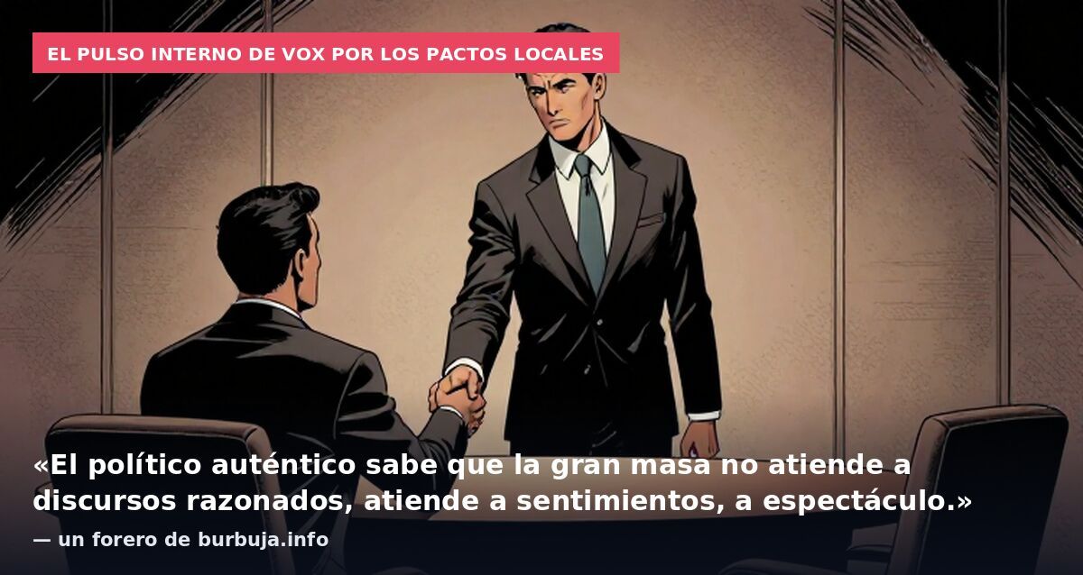 El pulso interno de Vox por los pactos locales: «El político auténtico sabe que la gran masa no atiende a discursos razonados, atiende a sentimientos, a espectáculo.» — un forero de burbuja.info