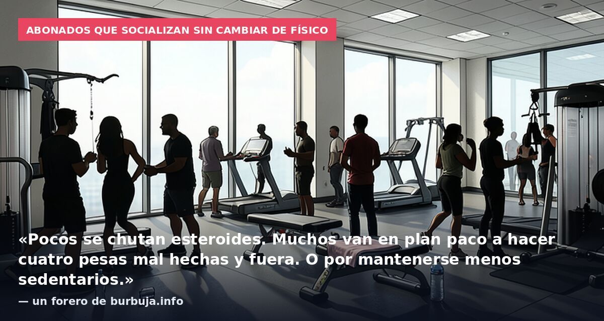 Abonados que socializan sin cambiar de físico: «Pocos se chutan esteroides. Muchos van en plan paco a hacer cuatro pesas mal hechas y fuera. O por mantenerse menos sedentarios.» — un forero de burbuja.info