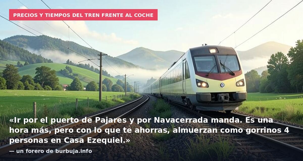 Precios y tiempos del tren frente al coche: «Ir por el puerto de Pajares y por Navacerrada manda. Es una hora más, pero con lo que te ahorras, almuerzan como gorrinos 4 personas en Casa Ezequiel.» — un forero de burbuja.info