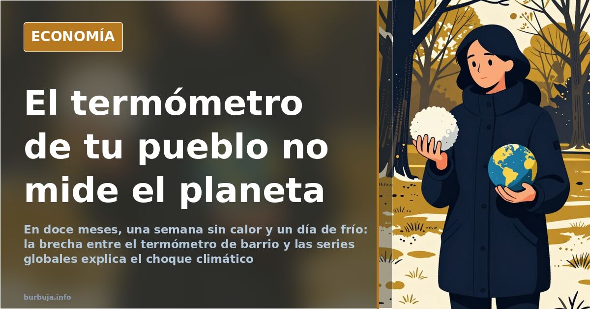 Termómetro de calle junto a una estación meteorológica y una curva de temperatura global sobre un mapamundi