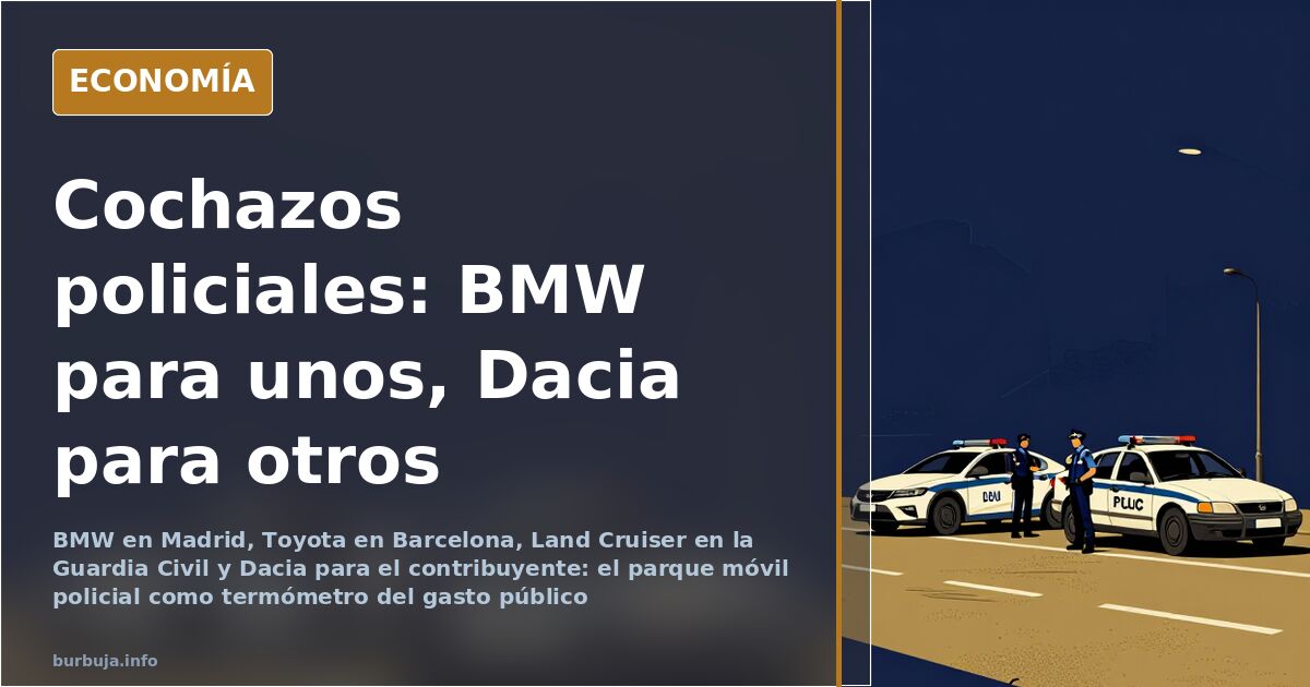 Ilustración editorial de coches patrulla policiales alineados frente a un utilitario modesto en una ciudad española