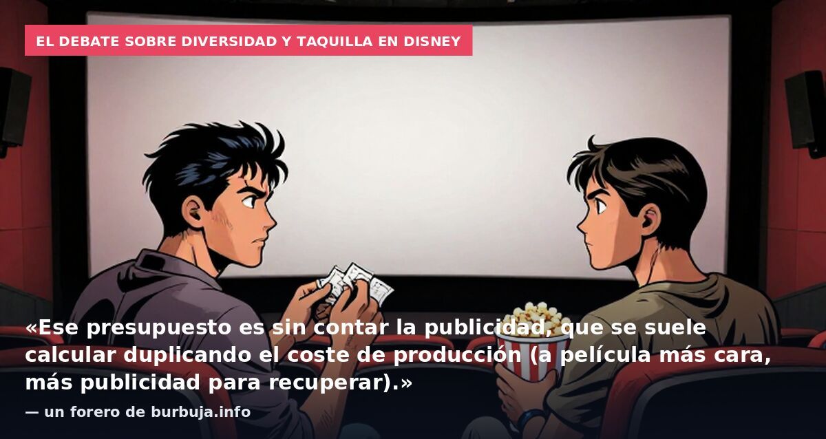 El debate sobre diversidad y taquilla en Disney: «Ese presupuesto es sin contar la publicidad, que se suele calcular duplicando el coste de producción (a película más cara, más publicidad para recuperar).» — un forero de burbuja.info