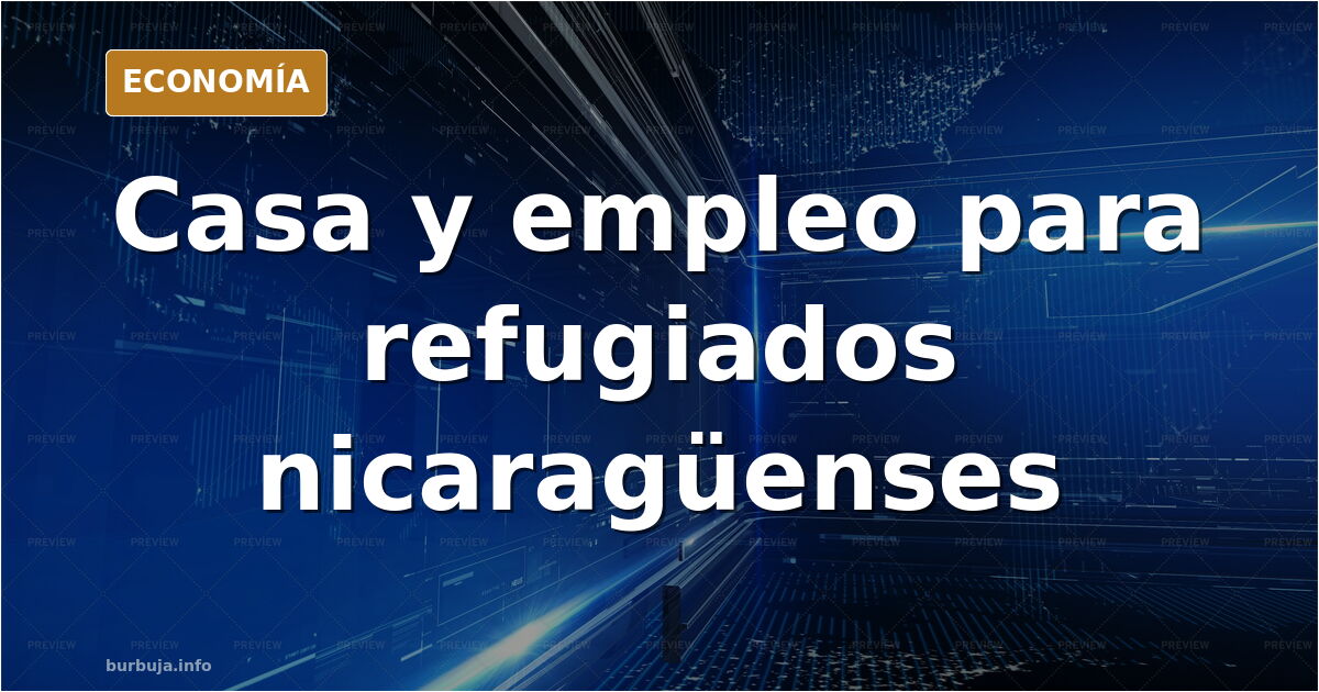 Ilustración editorial de una vivienda y una planta fotovoltaica con figuras de trabajadores llegando, en azul marino y dorado