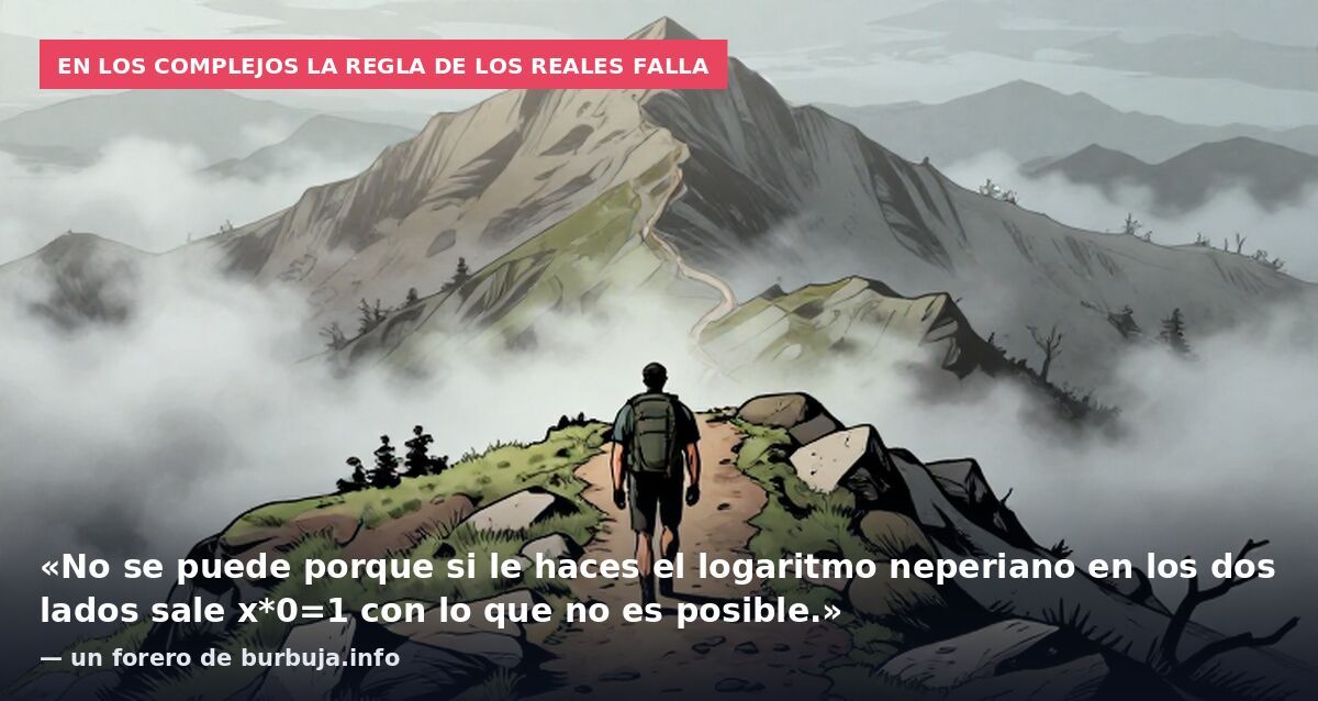En los complejos la regla de los reales falla: «No se puede porque si le haces el logaritmo neperiano en los dos lados sale x*0=1 con lo que no es posible.» — un forero de burbuja.info
