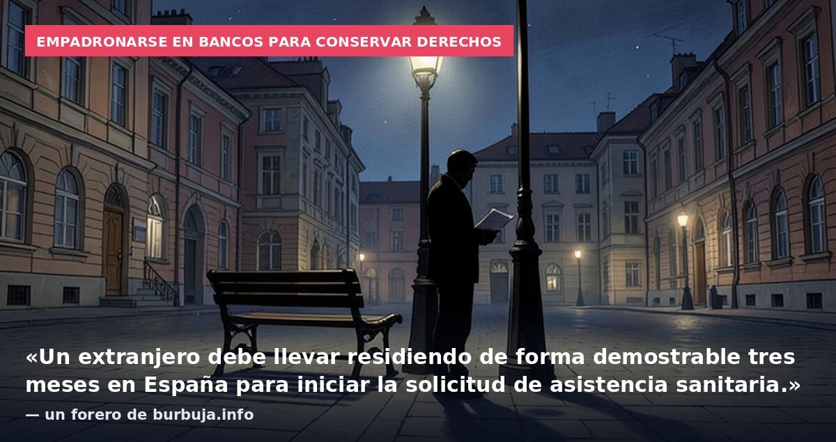 Empadronarse en bancos para conservar derechos: «Un extranjero debe llevar residiendo de forma demostrable tres meses en España para iniciar la solicitud de asistencia sanitaria.» — un forero de burbuja.info