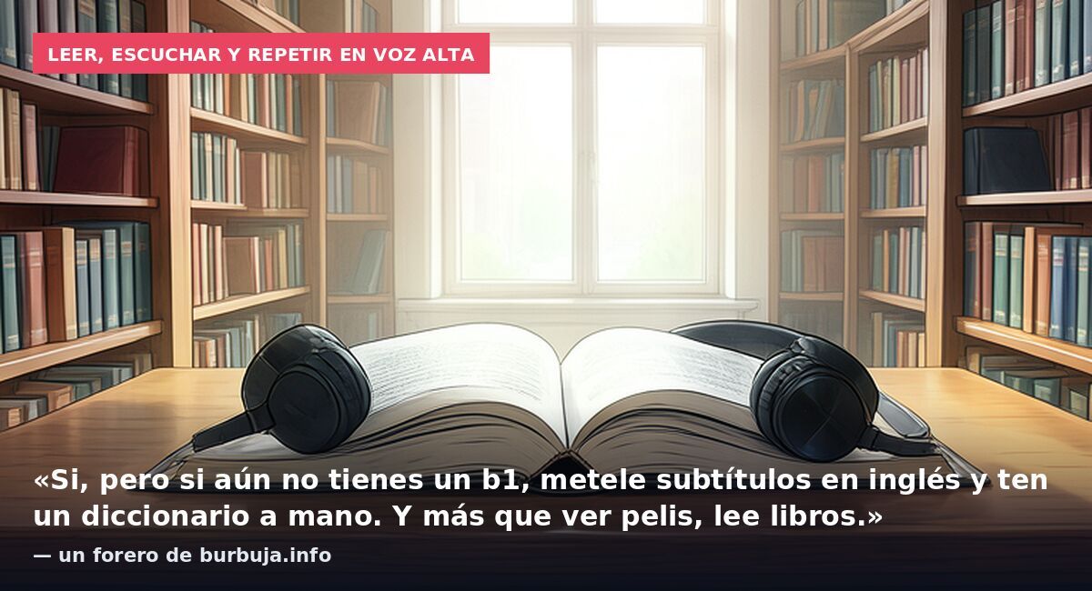 Leer, escuchar y repetir en voz alta: «Si, pero si aún no tienes un b1, metele subtítulos en inglés y ten un diccionario a mano. Y más que ver pelis, lee libros.» — un forero de burbuja.info
