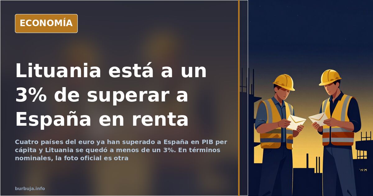 Ilustración editorial de barras de PIB per cápita comparando España con Lituania, Estonia, Malta y Chipre