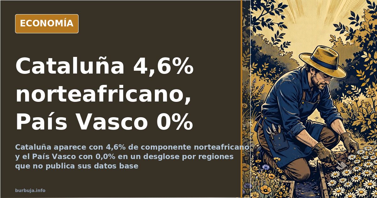 Ilustración editorial de un mapa de la península ibérica con barras de porcentaje de ascendencia genética por regiones