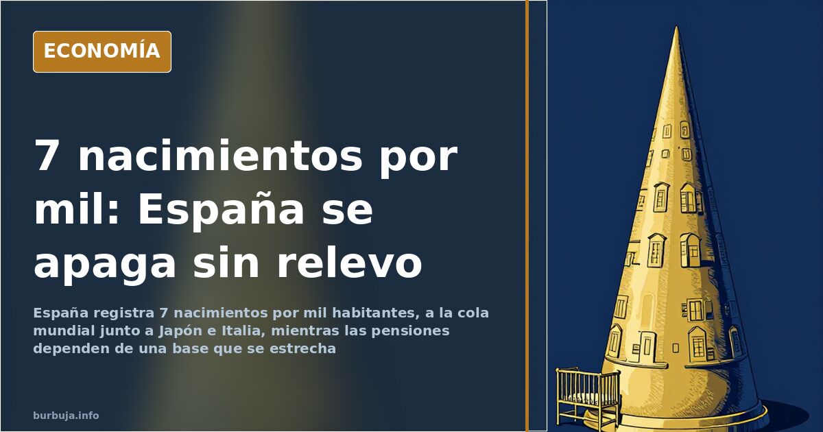 Cuna vacía junto a una pirámide de población en descenso, ilustración editorial en azul marino y dorado
