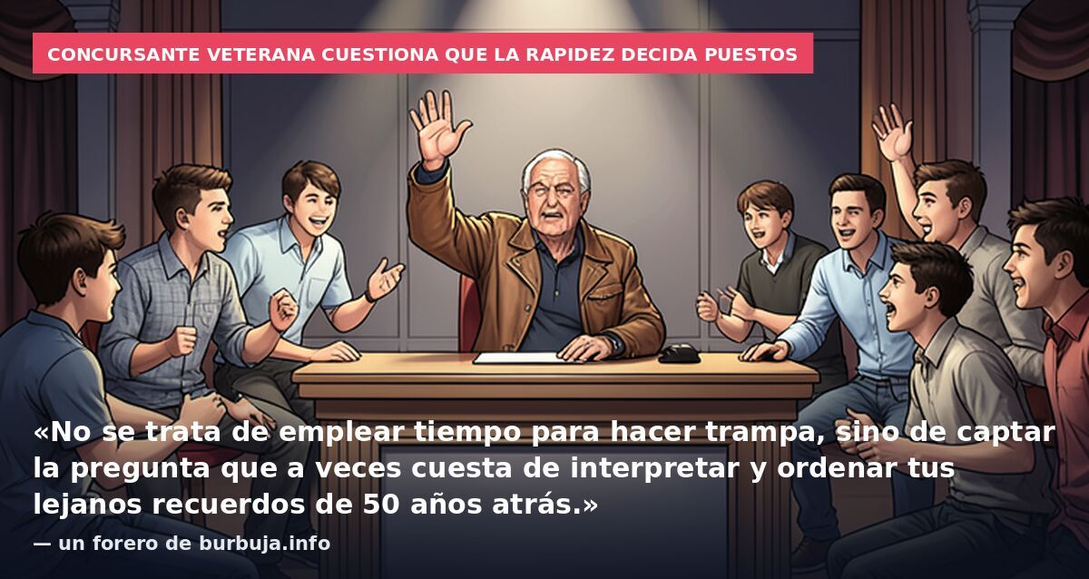 Concursante veterana cuestiona que la rapidez decida puestos: «No se trata de emplear tiempo para hacer trampa, sino de captar la pregunta que a veces cuesta de interpretar y ordenar tus lejanos recuerdos de 50 años atrás.» — un forero de burbuja.inf