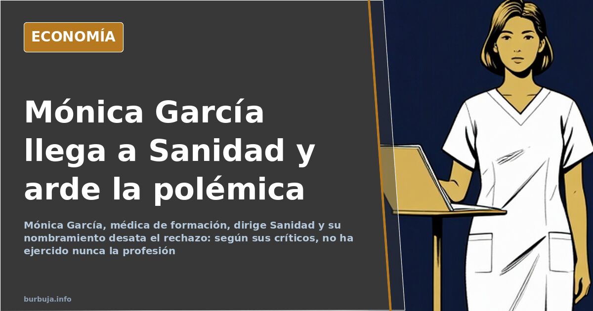 Ilustración editorial de una médica con bata blanca frente a un atril de ministra de Sanidad, en tonos azul marino y dorado