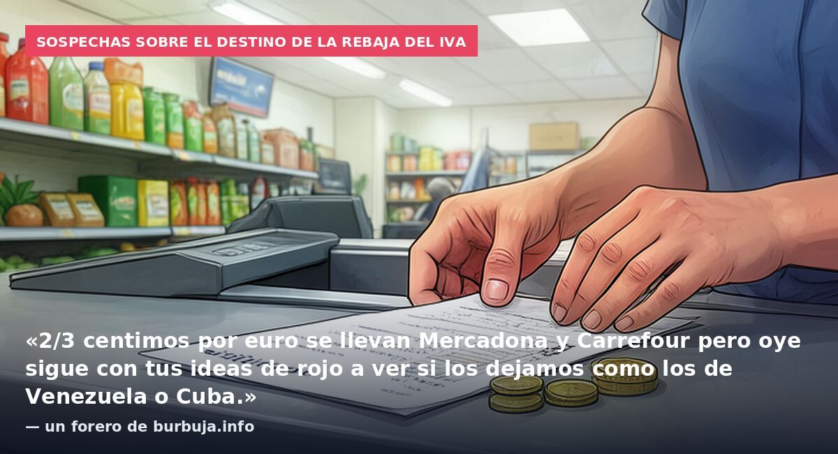 Sospechas sobre el destino de la rebaja del IVA: «2/3 centimos por euro se llevan Mercadona y Carrefour pero oye sigue con tus ideas de rojo a ver si los dejamos como los de Venezuela o Cuba.» — un forero de burbuja.info