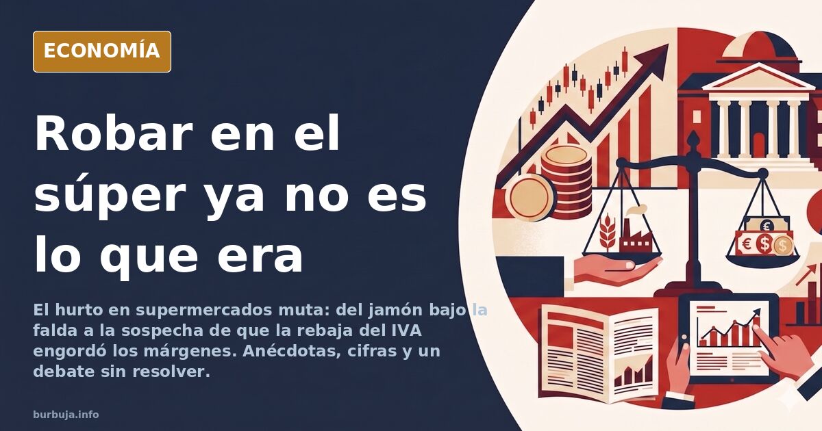 Ilustración editorial de un carrito de supermercado con productos ocultos bajo una prenda, en azul marino y dorado