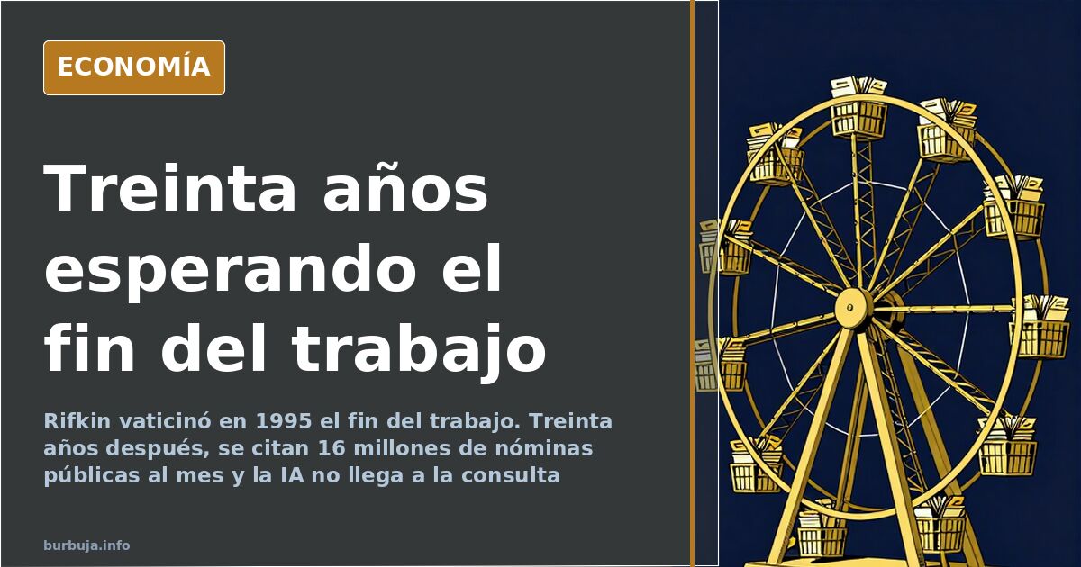 Ilustración editorial de una noria de papeleo girando sin fin en una oficina, símbolo del fin del trabajo que nunca llega