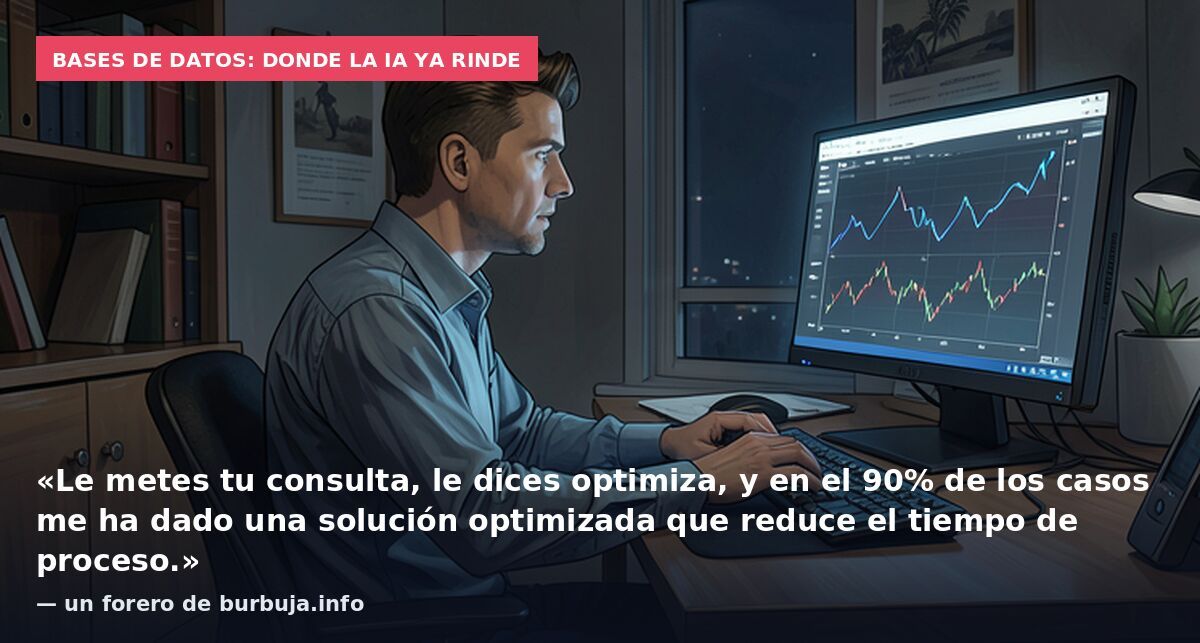 Bases de datos: donde la IA ya rinde: «Le metes tu consulta, le dices optimiza, y en el 90% de los casos me ha dado una solución optimizada que reduce el tiempo de proceso.» — un forero de burbuja.info