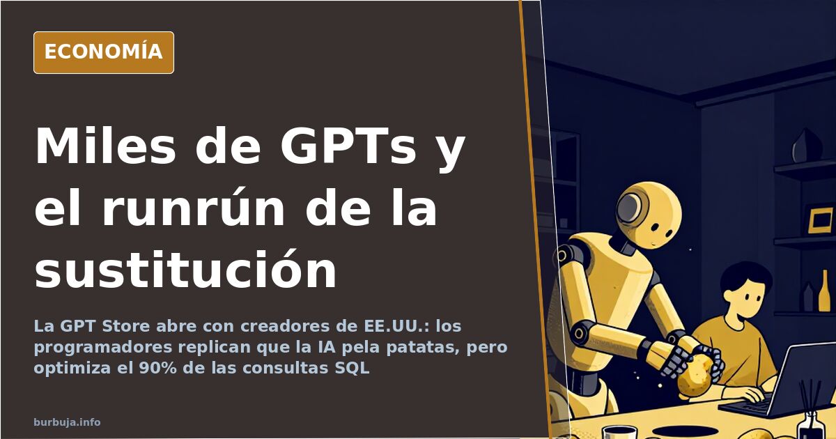 Ilustración editorial de una tienda digital de asistentes de inteligencia artificial con estanterías de apps y un mostrador v