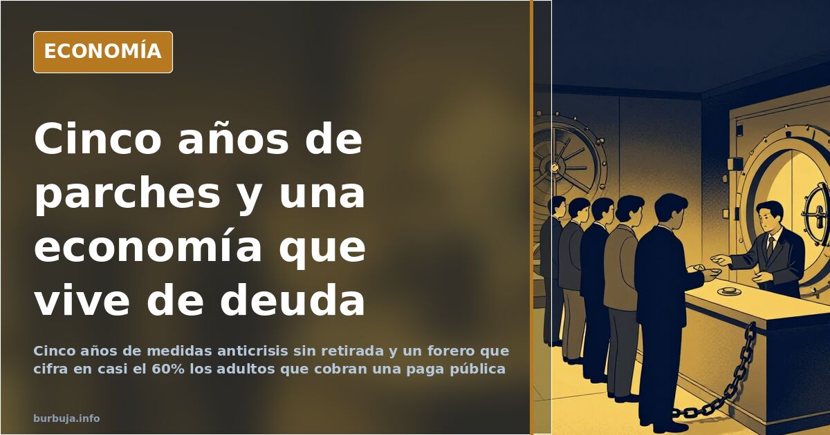 Ilustración de una terraza llena junto a una nómina vacía, reflejo de la crisis económica y la deuda acumulada