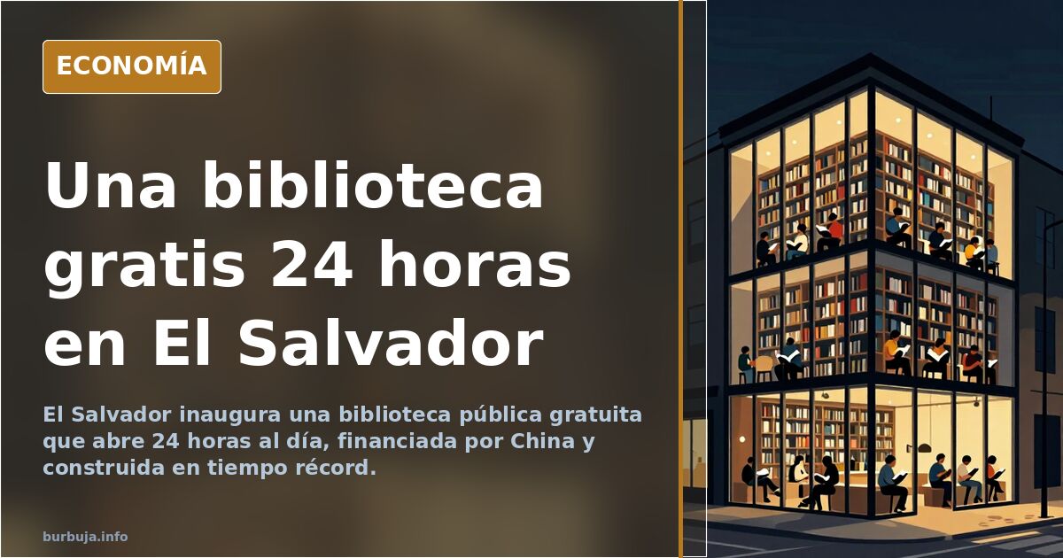 Interior de una biblioteca pública moderna en El Salvador con estanterías y salas de lectura iluminadas abiertas 24 horas