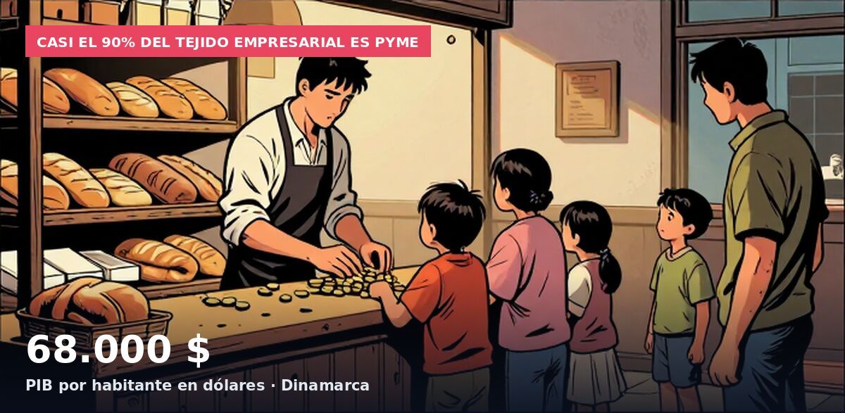 Casi el 90% del tejido empresarial es pyme: 68.000 $ PIB por habitante en dólares · Dinamarca
