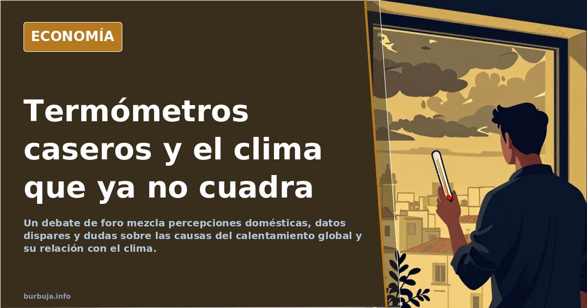 Ilustración editorial de un termómetro doméstico marcando temperatura alta junto a una ventana con paisaje urbano