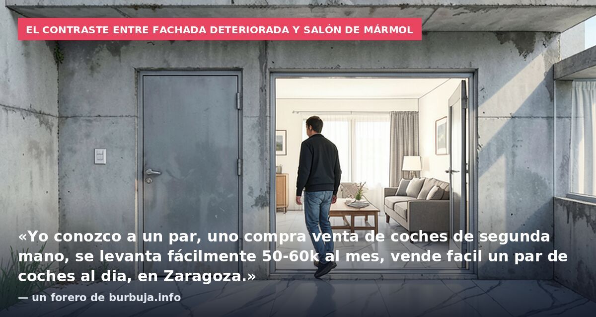 El contraste entre fachada deteriorada y salón de mármol: «Yo conozco a un par, uno compra venta de coches de segunda mano, se levanta fácilmente 50-60k al mes, vende facil un par de coches al dia, en Zaragoza.» — un forero de burbuja.info