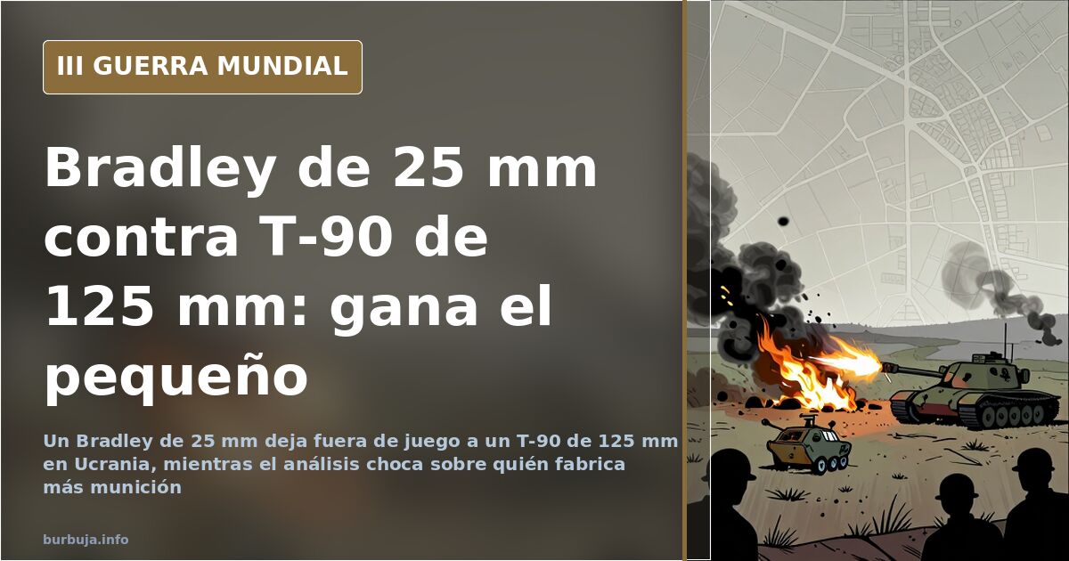 Silueta de un vehículo de combate de infantería Bradley frente a un carro de combate T-90 en un paisaje desaturado con humo l