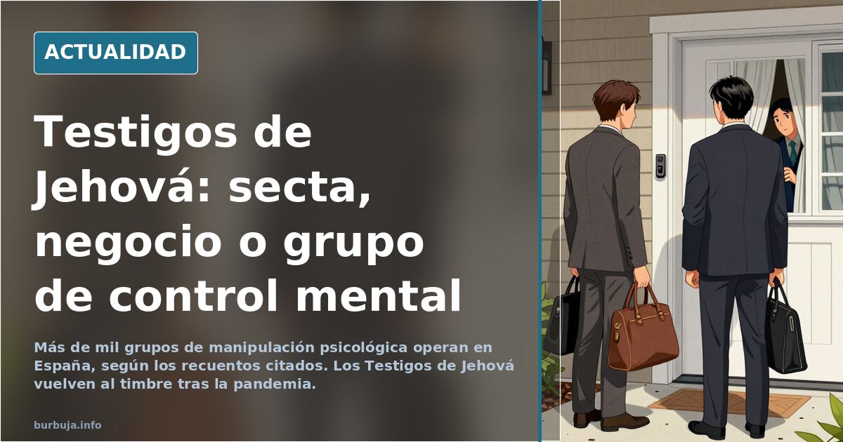Dos Testigos de Jehová con traje esperan en un portal español sosteniendo una revista La Atalaya
