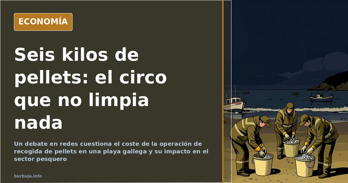 Dos figuras políticas agachadas en una playa recogiendo pequeñas bolitas de plástico mientras un grupo de curiosos observa de