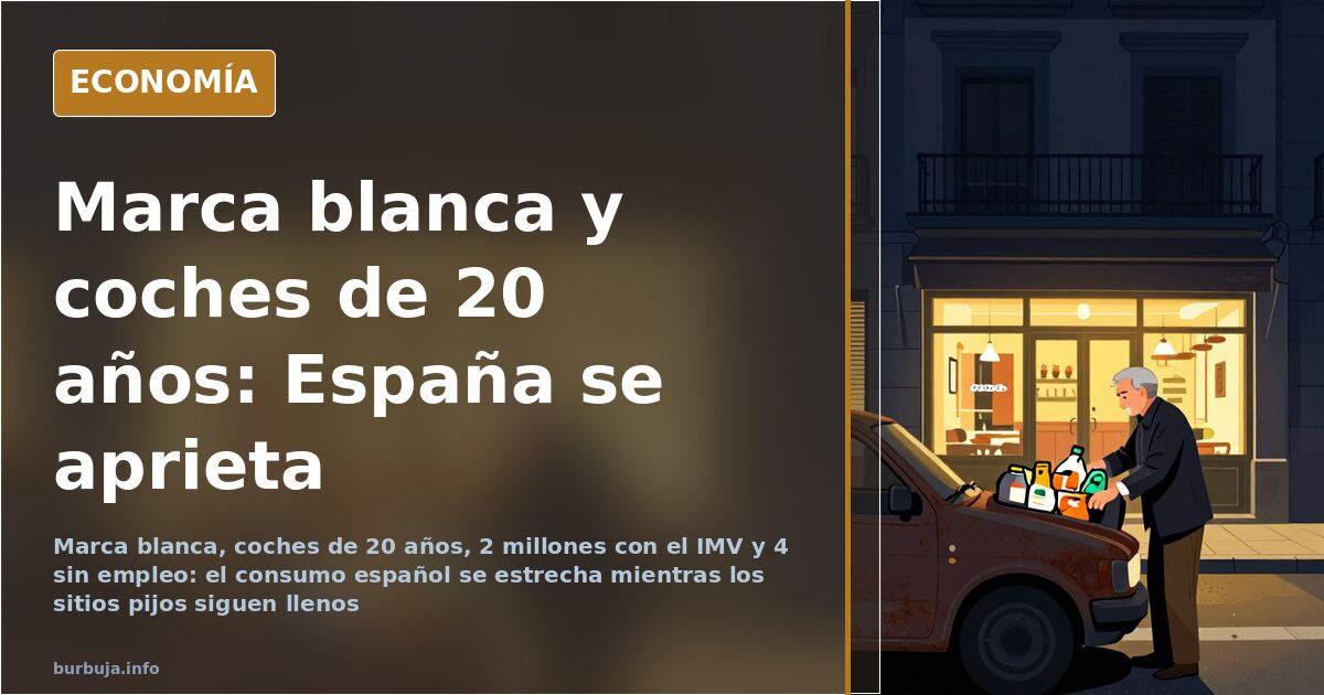 Carro de la compra con productos de marca blanca junto a un coche viejo aparcado, imagen del consumo español