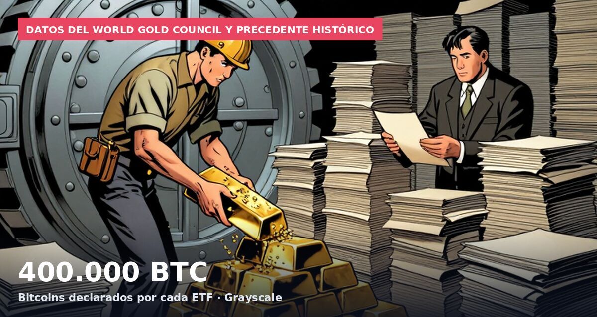 Datos del World Gold Council y precedente histórico: 400.000 BTC Bitcoins declarados por cada ETF · Grayscale
