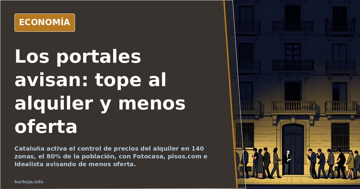 Fachada de un edificio de viviendas en Cataluña con carteles de alquiler y una tabla de precios superpuesta
