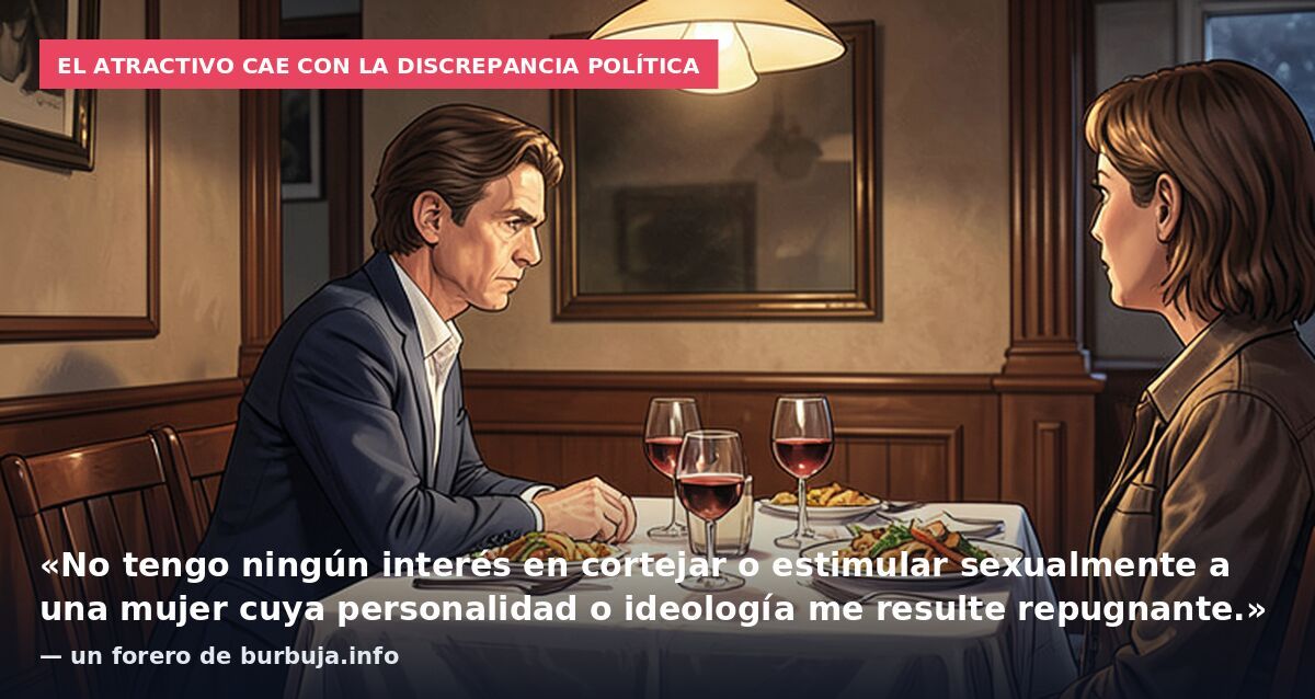 El atractivo cae con la discrepancia política: «No tengo ningún interés en cortejar o estimular sexualmente a una mujer cuya personalidad o ideología me resulte repugnante.» — un forero de burbuja.info