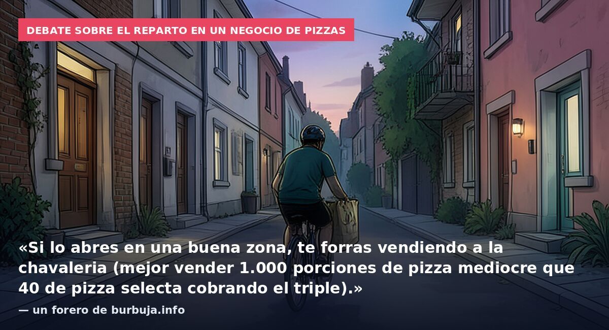Debate sobre el reparto en un negocio de pizzas: «Si lo abres en una buena zona, te forras vendiendo a la chavaleria (mejor vender 1.000 porciones de pizza mediocre que 40 de pizza selecta cobrando el triple).» — un forero de burbuja.info