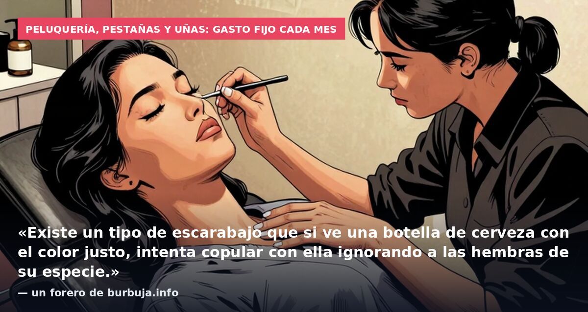 Peluquería, pestañas y uñas: gasto fijo cada mes: «Existe un tipo de escarabajo que si ve una botella de cerveza con el color justo, intenta copular con ella ignorando a las hembras de su especie.» — un forero de burbuja.info