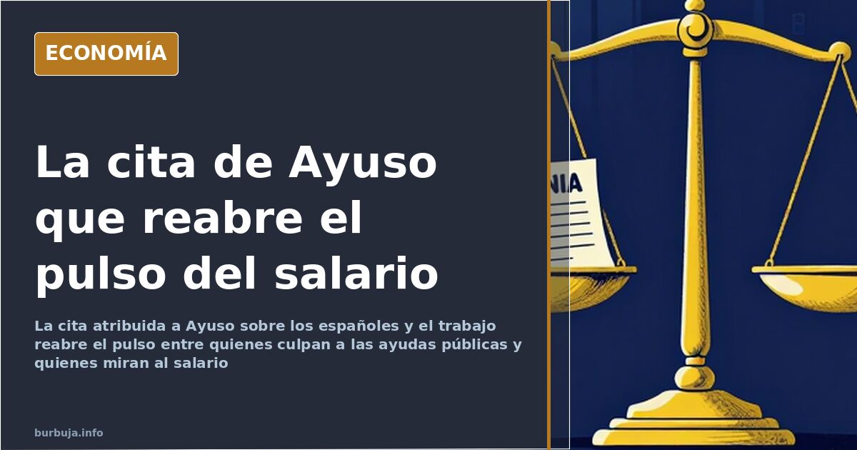 Ilustración editorial de una balanza entre una nómina y una ayuda pública, símbolo del debate sobre Ayuso y el trabajo