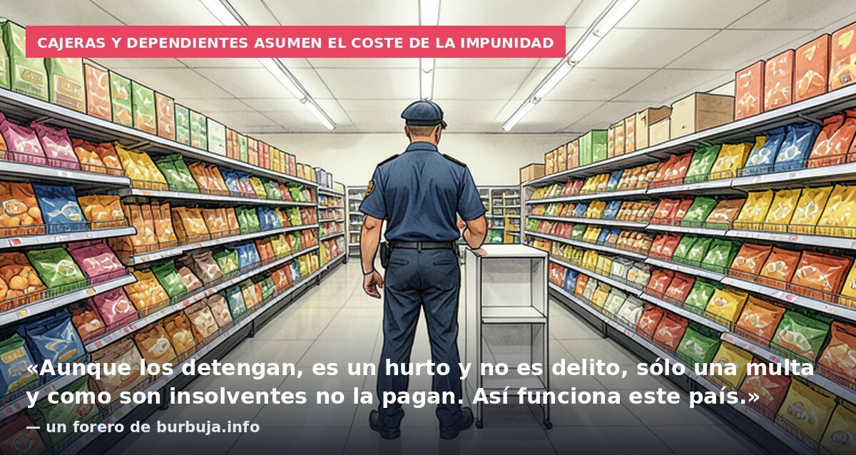 Cajeras y dependientes asumen el coste de la impunidad: «Aunque los detengan, es un hurto y no es delito, sólo una multa y como son insolventes no la pagan. Así funciona este país.» — un forero de burbuja.info