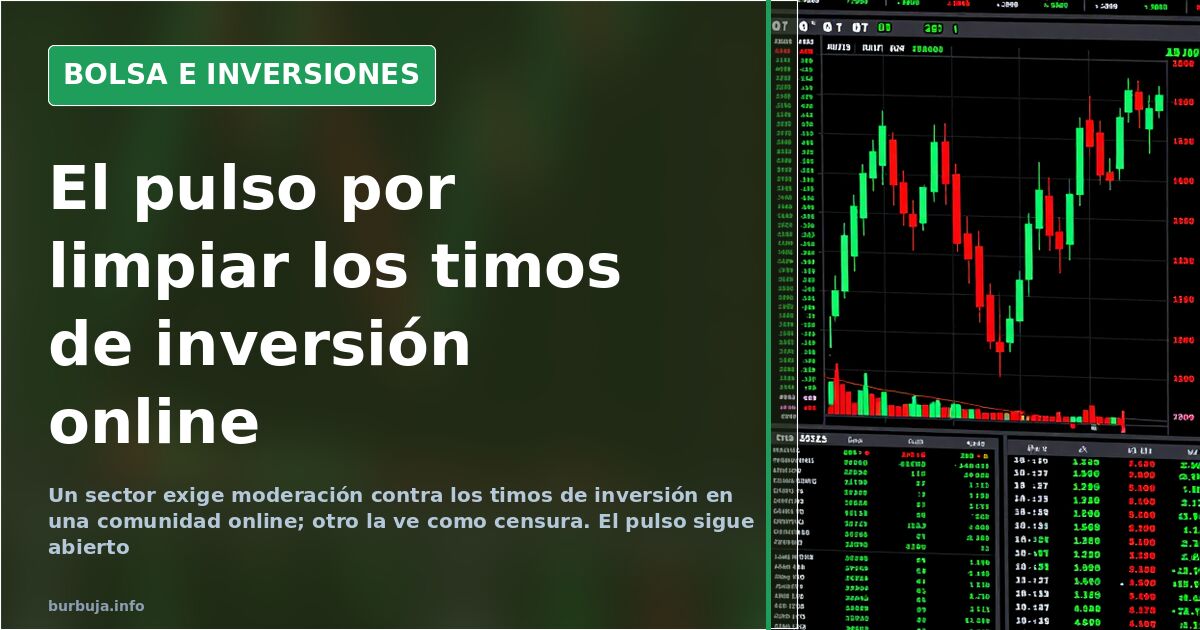 Gráfico de velas y pantallas de cotización en un terminal oscuro, escena del debate sobre timos de inversión online