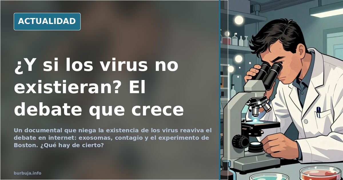 Ilustración editorial de un microscopio observando partículas virales y células, con un fondo de debate científico