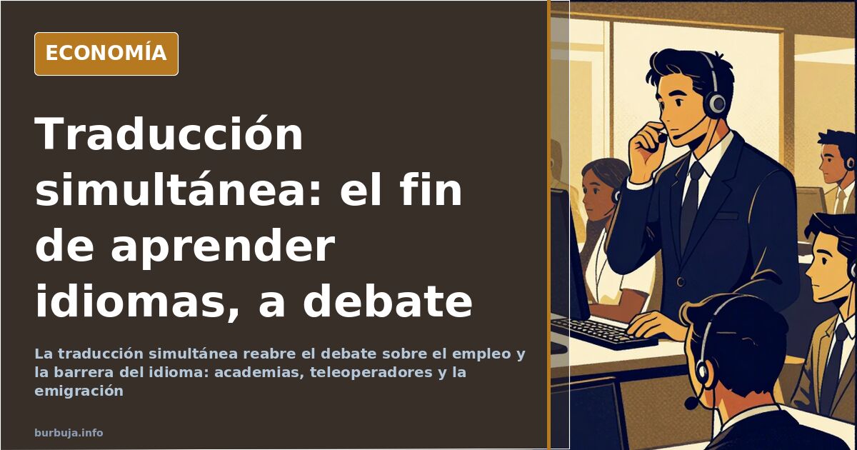 Ilustración de un dispositivo emitiendo ondas de traducción simultánea entre dos idiomas sobre fondo azul marino