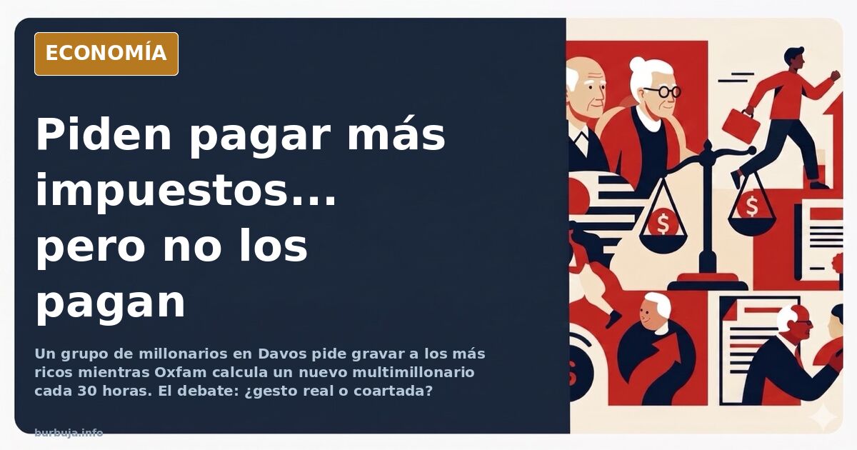 Ilustración editorial de un grupo de millonarios con maletines frente a un edificio institucional, en tonos azul marino y dor