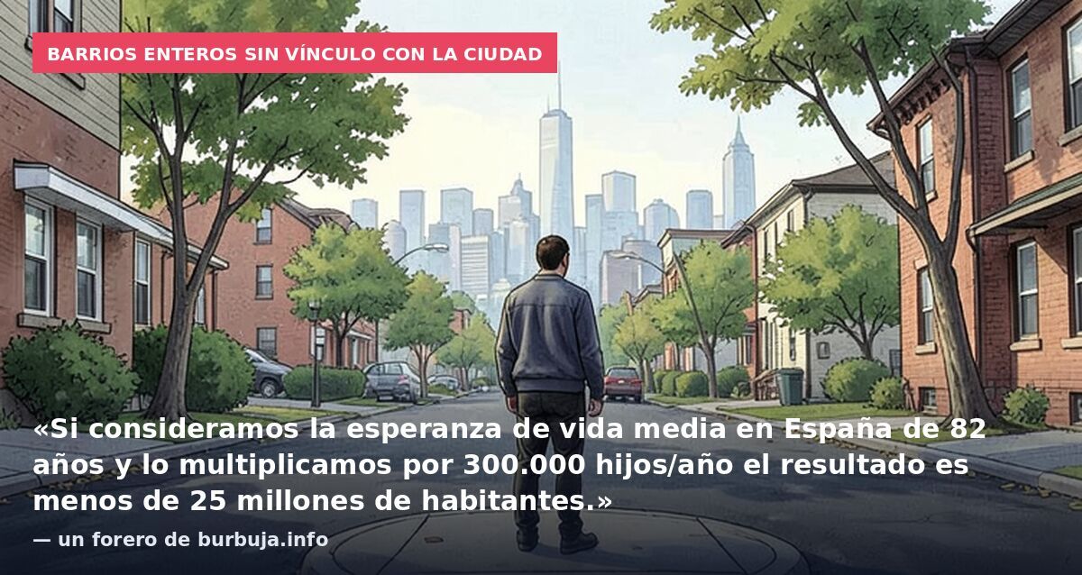 Barrios enteros sin vínculo con la ciudad: «Si consideramos la esperanza de vida media en España de 82 años y lo multiplicamos por 300.000 hijos/año el resultado es menos de 25 millones de habitantes.» — un forero de burbuja.info