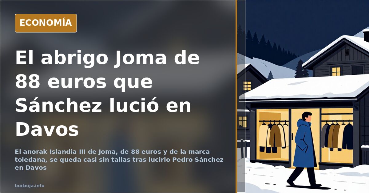 Abrigo acolchado negro Joma con la J blanca en el pecho, similar al que lució Pedro Sánchez en Davos