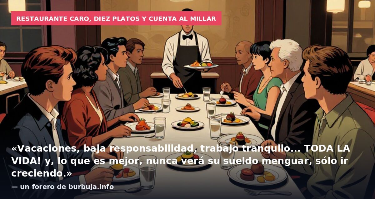 Restaurante caro, diez platos y cuenta al millar: «Vacaciones, baja responsabilidad, trabajo tranquilo... TODA LA VIDA! y, lo que es mejor, nunca verá su sueldo menguar, sólo ir creciendo.» — un forero de burbuja.info