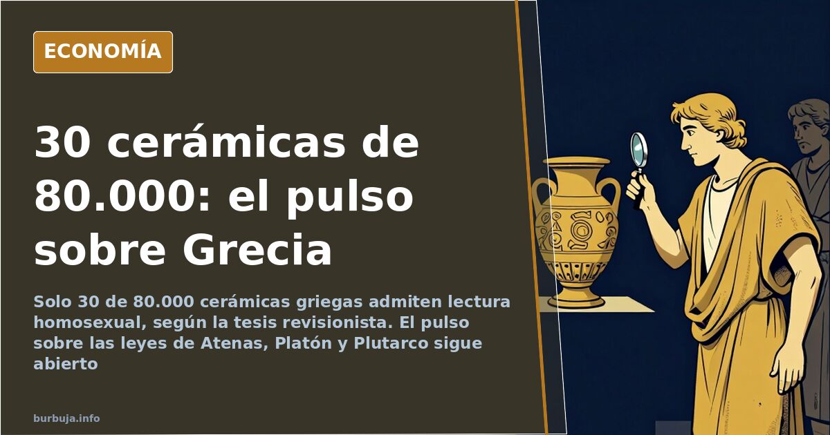 Ilustración editorial de cerámica griega con figuras aladas en tonos azul marino y dorado