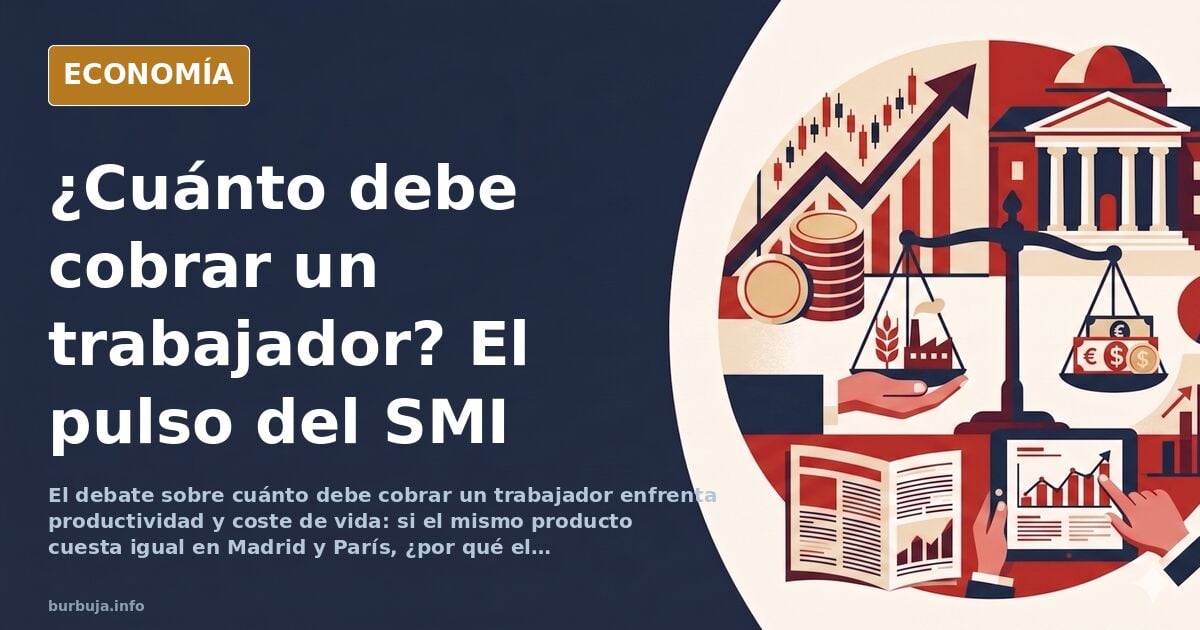 Ilustración editorial sobre el salario mínimo y la productividad en España con gráficos y monedas