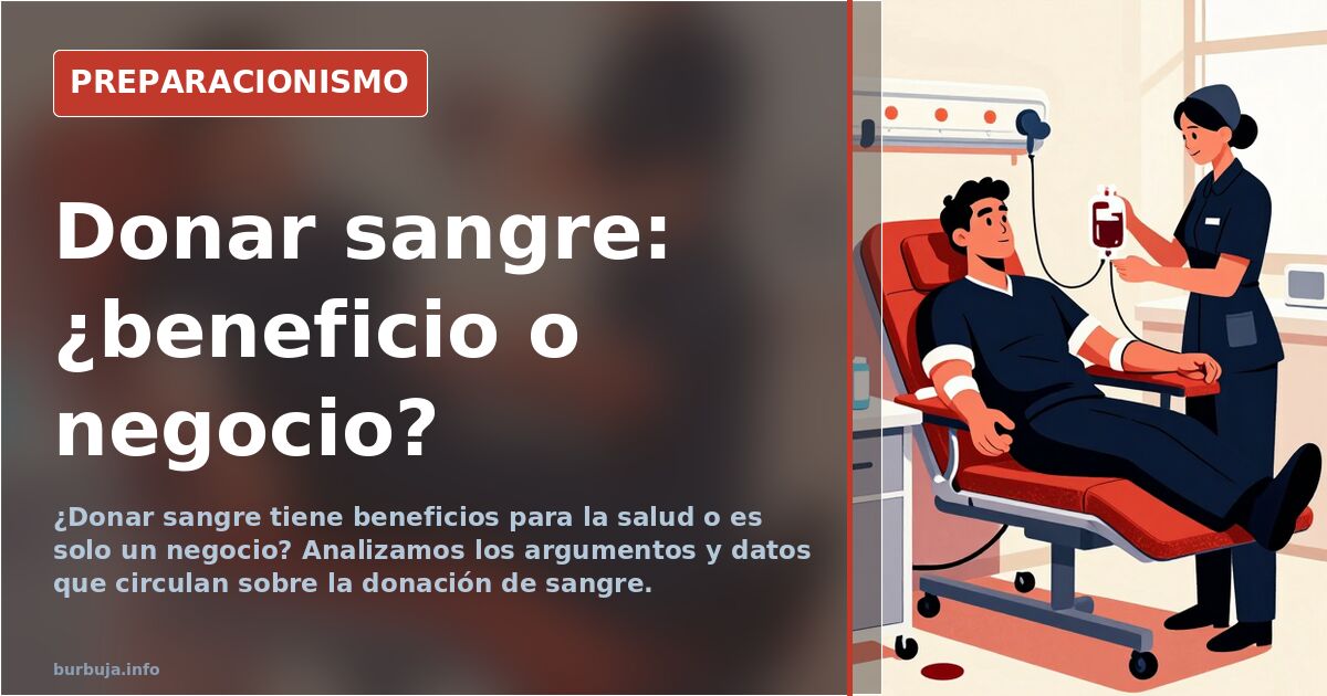 Persona donando sangre en un centro de donación, con una bolsa de sangre y material sanitario