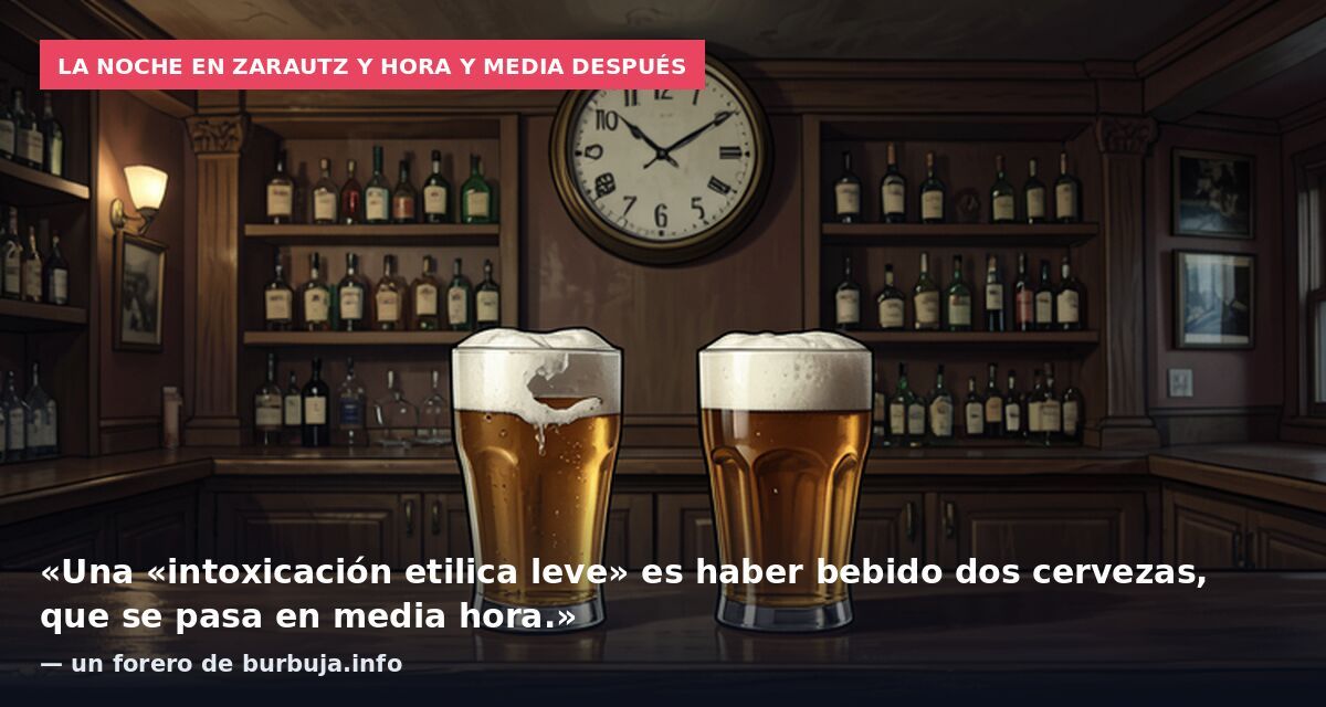 La noche en Zarautz y hora y media después: «Una «intoxicación etilica leve» es haber bebido dos cervezas, que se pasa en media hora.» — un forero de burbuja.info